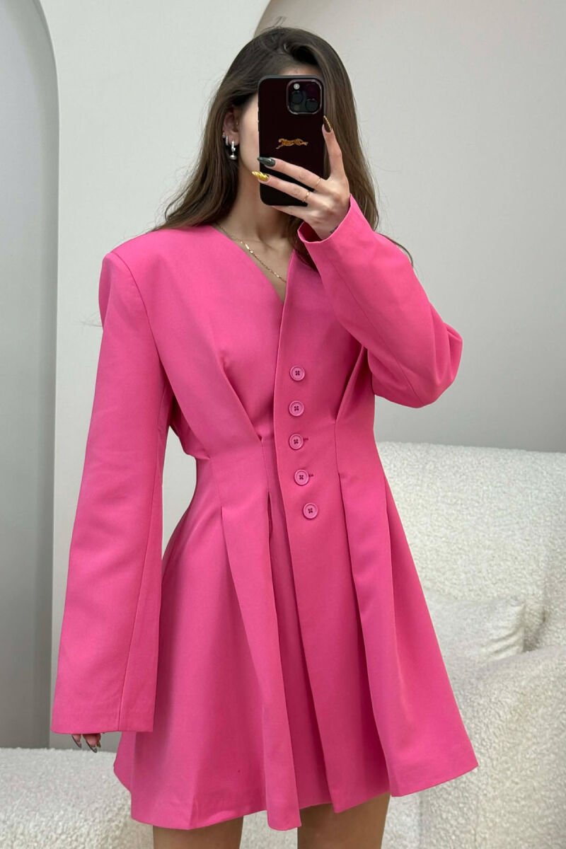 ONE COLOR BUTTONED SHORT WOMEN DRESS FUCHSIA/CIKLAMI - 1