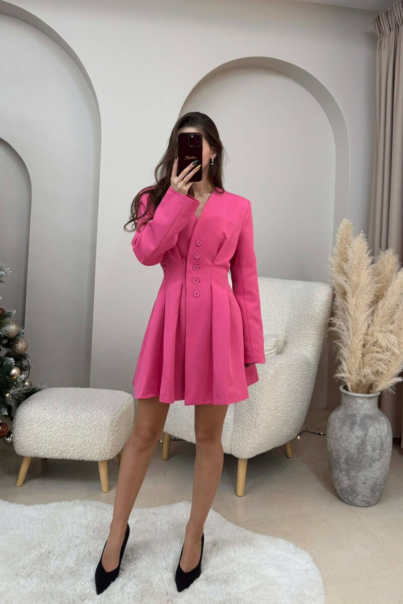 ONE COLOR BUTTONED SHORT WOMEN DRESS FUCHSIA/CIKLAMI - 2