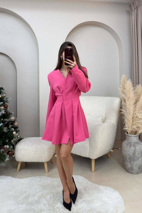 ONE COLOR BUTTONED SHORT WOMEN DRESS FUCHSIA/CIKLAMI - 3