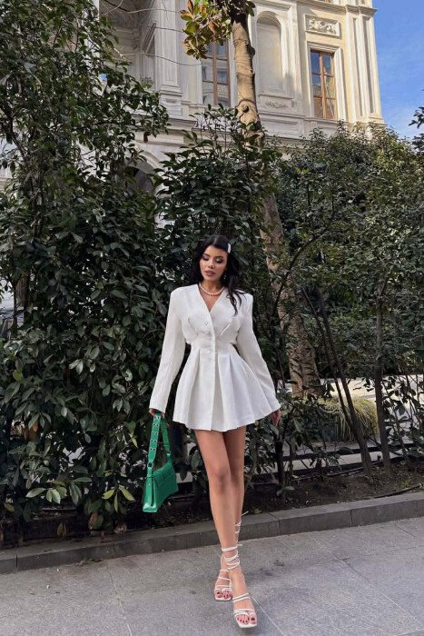 ONE COLOR BUTTONED SHORT WOMEN DRESS WHITE-E BARDHE - 2
