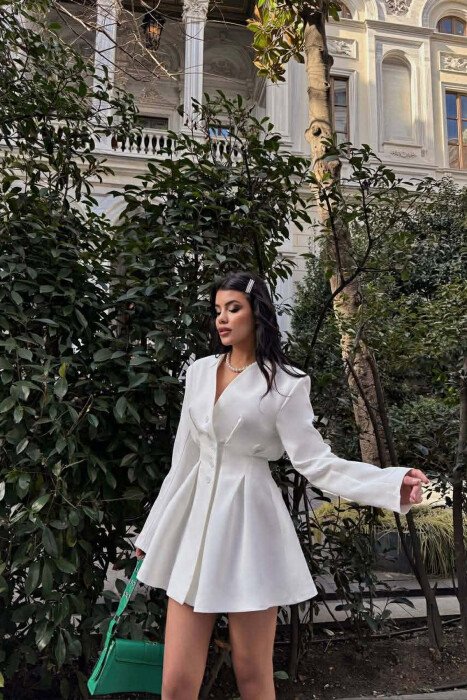 ONE COLOR BUTTONED SHORT WOMEN DRESS WHITE-E BARDHE - KLAUDIO FASHION