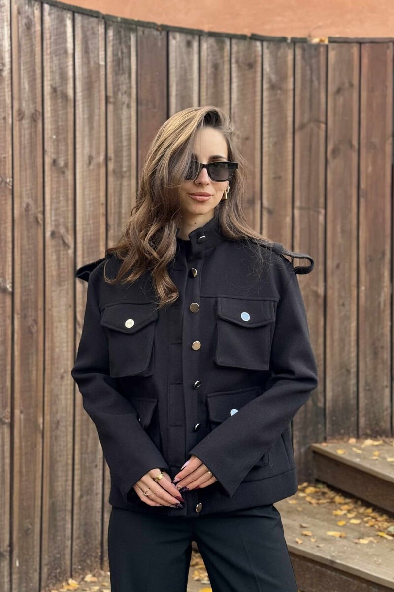 ONE COLOR BUTTONED SIMPLE WOMEN COAT BLACK/ E ZEZE - 1