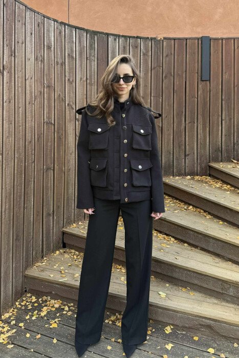 ONE COLOR BUTTONED SIMPLE WOMEN COAT BLACK/ E ZEZE - 2