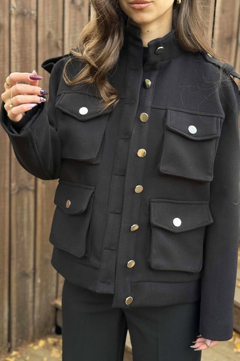 ONE COLOR BUTTONED SIMPLE WOMEN COAT BLACK/ E ZEZE - 3