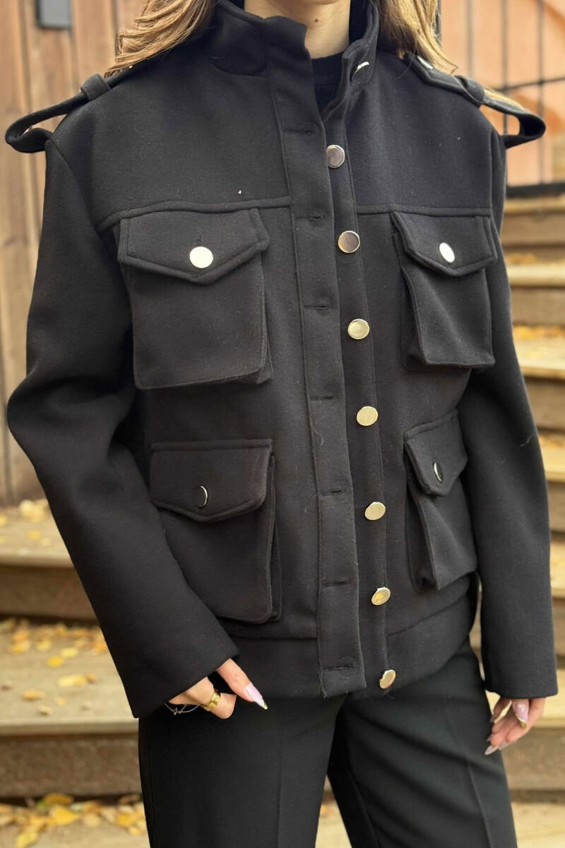 ONE COLOR BUTTONED SIMPLE WOMEN COAT BLACK/ E ZEZE - 6