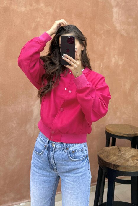 ONE COLOR BUTTONED SIMPLE WOMEN JACKET FUCHSIA/CIKLAMI 