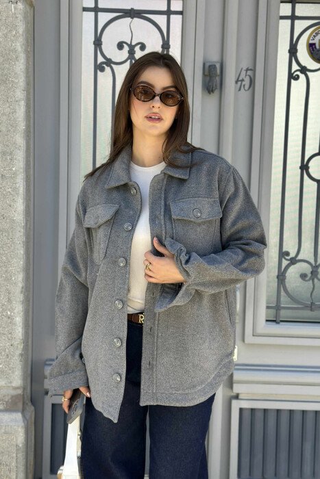 ONE COLOR BUTTONED SIMPLE WOMEN JACKET GREY/GRI - 3