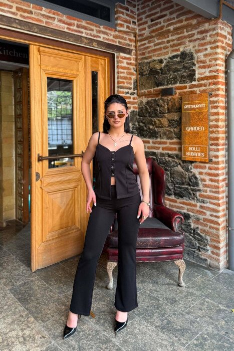 ONE COLOR BUTTONED TANK TOP+ TROUSERS WOMEN SET BLACK/ E ZEZE 