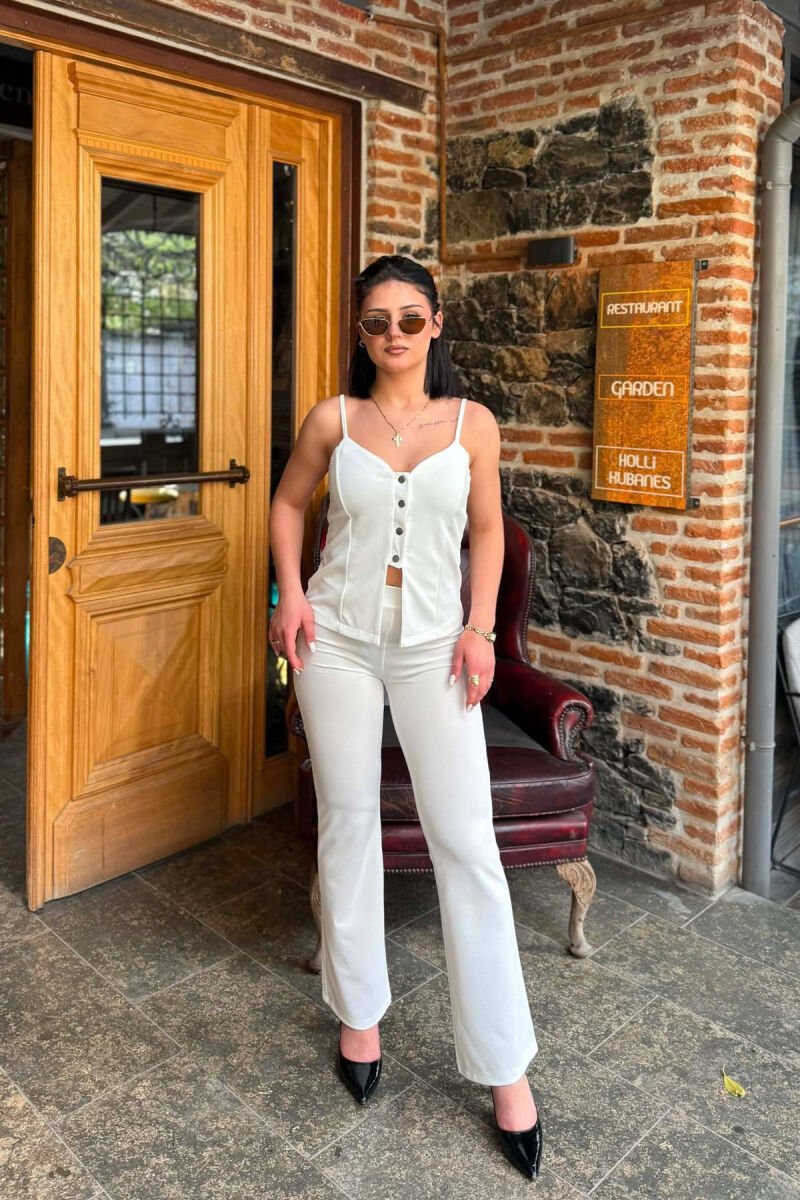 ONE COLOR BUTTONED TANK TOP+ TROUSERS WOMEN SET WHITE-E BARDHE - 1