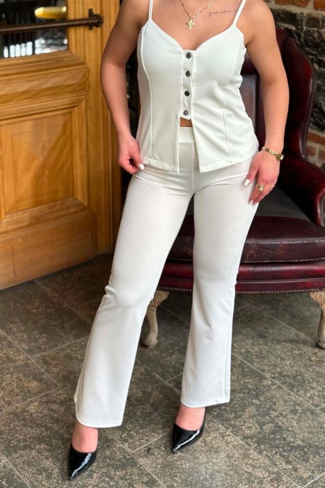 ONE COLOR BUTTONED TANK TOP+ TROUSERS WOMEN SET WHITE-E BARDHE - 2
