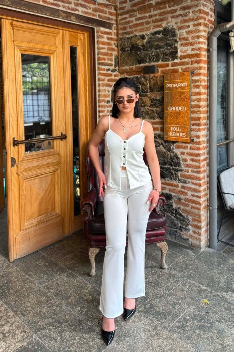 ONE COLOR BUTTONED TANK TOP+ TROUSERS WOMEN SET WHITE-E BARDHE - 6