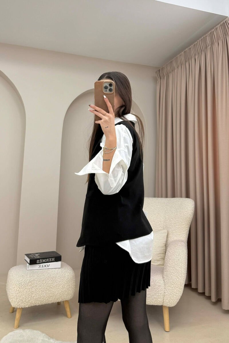 ONE COLOR BUTTONED VEST + SHORT SKIRT KNITTED WOMAN SET BLACK/ E ZEZE - 4