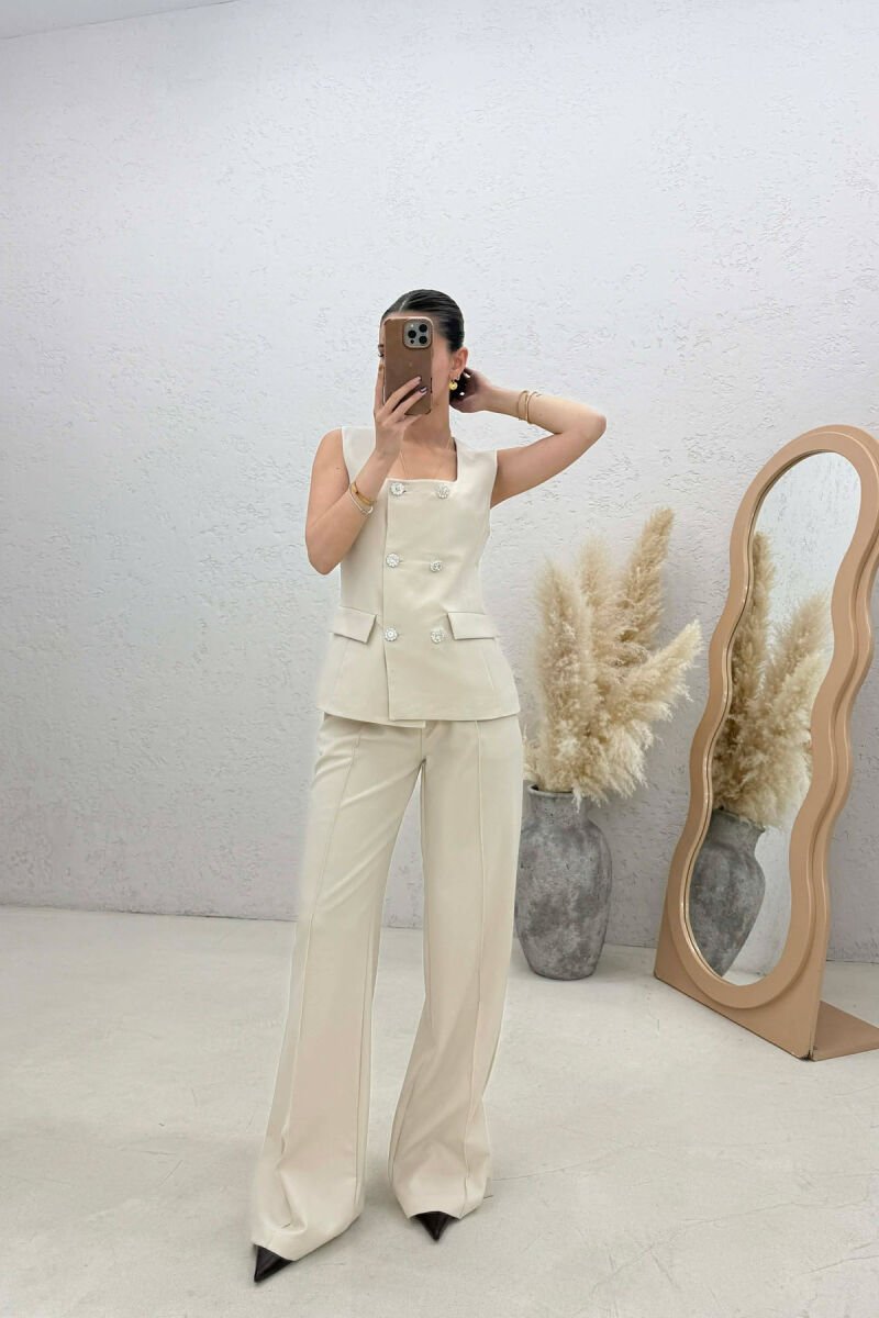 ONE COLOR BUTTONED VEST + TROUSERS WOMAN SET BEIGE/BEZHE - 1
