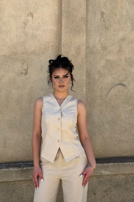 ONE COLOR BUTTONED VEST + TROUSERS WOMAN SET BEIGE/BEZHE - 3