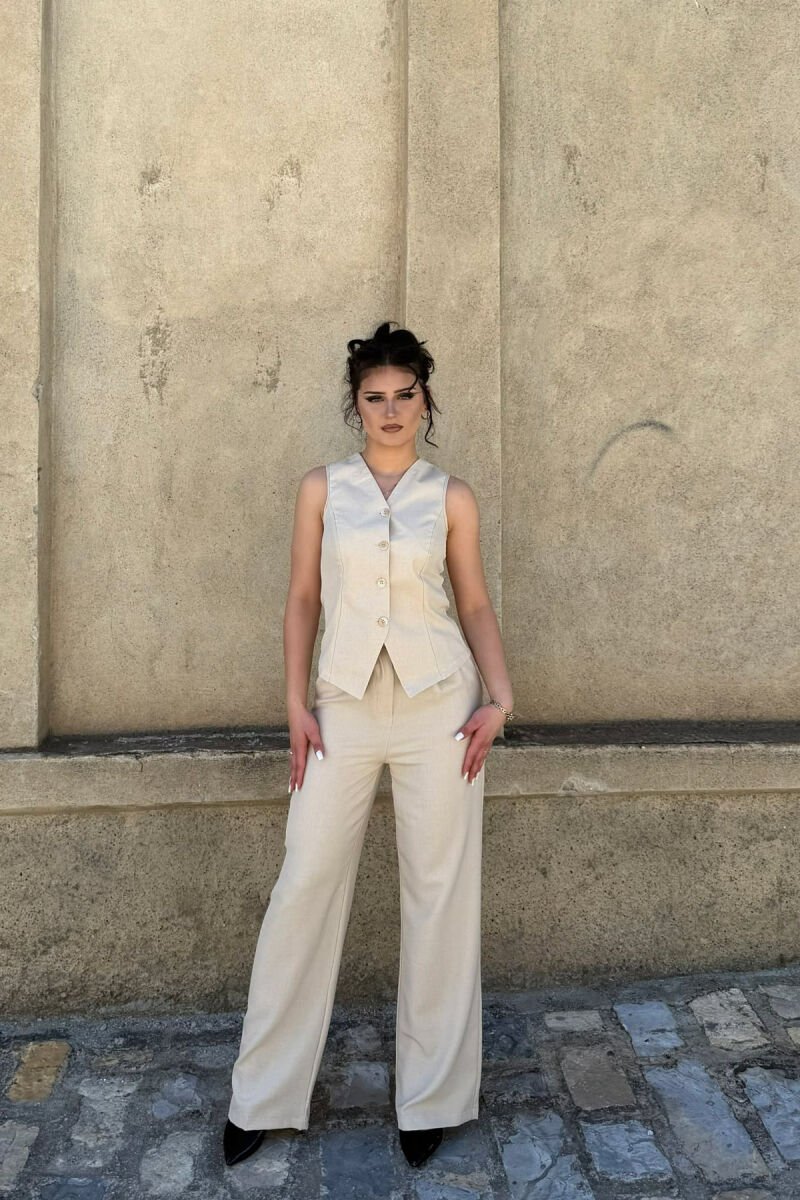 ONE COLOR BUTTONED VEST + TROUSERS WOMAN SET BEIGE/BEZHE - 4