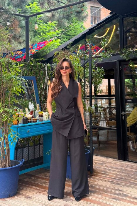 ONE COLOR BUTTONED VEST + TROUSERS WOMAN SET BLACK/ E ZEZE - 2
