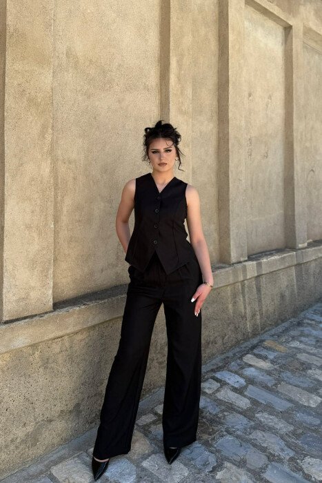 ONE COLOR BUTTONED VEST + TROUSERS WOMAN SET BLACK/ E ZEZE - KLAUDIO FASHION