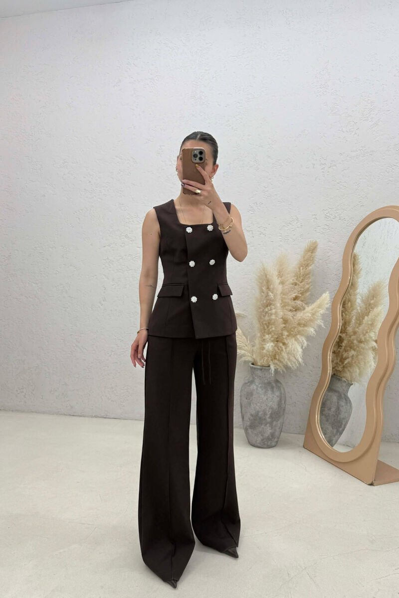 ONE COLOR BUTTONED VEST + TROUSERS WOMAN SET BROWN/KAFE - 1