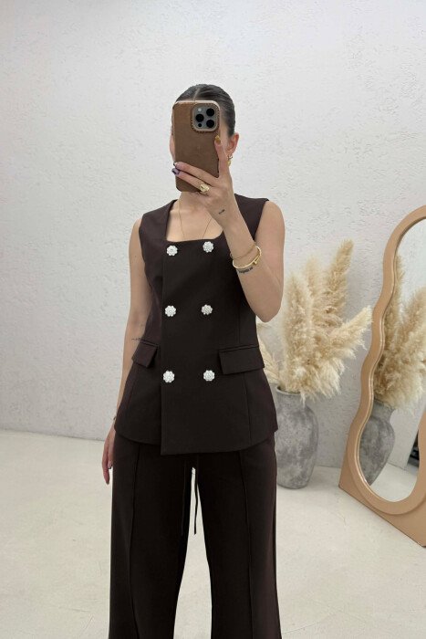 ONE COLOR BUTTONED VEST + TROUSERS WOMAN SET BROWN/KAFE - 2