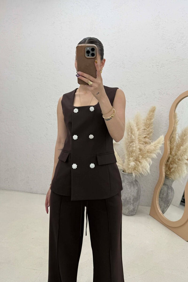 ONE COLOR BUTTONED VEST + TROUSERS WOMAN SET BROWN/KAFE - 2