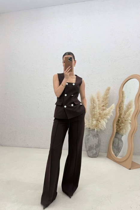 ONE COLOR BUTTONED VEST + TROUSERS WOMAN SET BROWN/KAFE - 5
