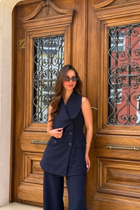 ONE COLOR BUTTONED VEST + TROUSERS WOMAN SET DARK BLUE/BEE - 3