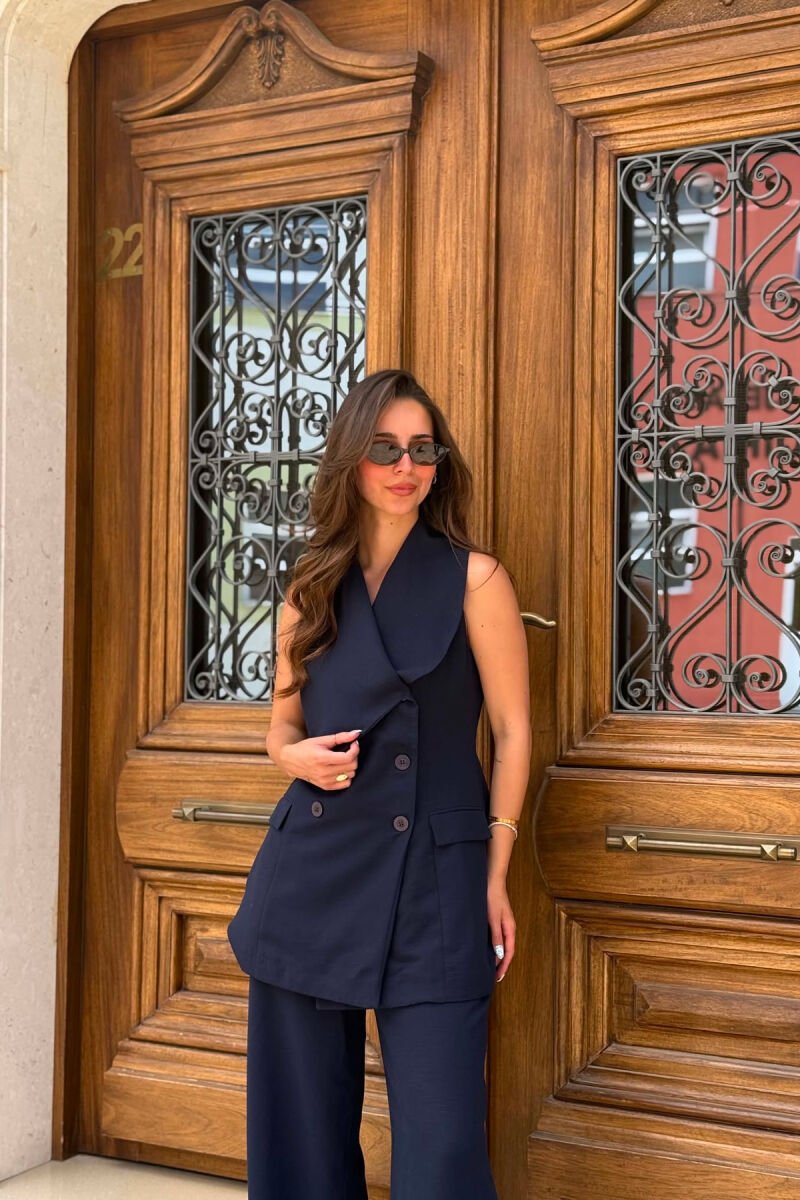 ONE COLOR BUTTONED VEST + TROUSERS WOMAN SET DARK BLUE/BEE - 3