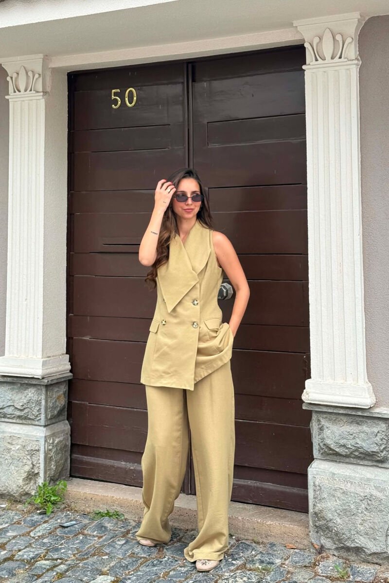ONE COLOR BUTTONED VEST + TROUSERS WOMAN SET OLIVE/ULLI - 1