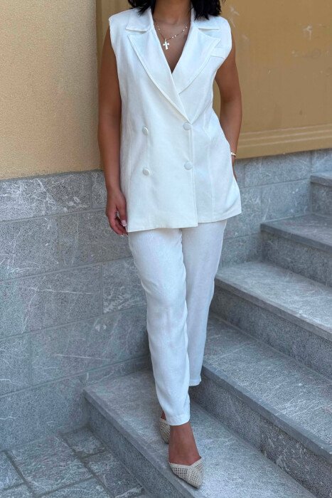 ONE COLOR BUTTONED VEST + TROUSERS WOMAN SET WHITE-E BARDHE - 2