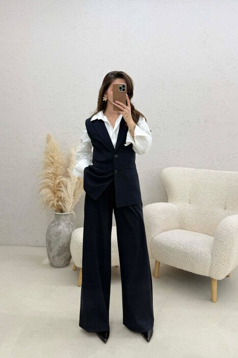 ONE COLOR BUTTONED VEST+ TROUSERS WOMAN TWO PIECE ST DARK BLUE/BEE 