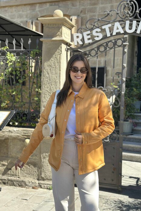 ONE COLOR BUTTONED WARM WOMEN JACKET MUSTARD/MUSTARDE - KLAUDIO FASHION