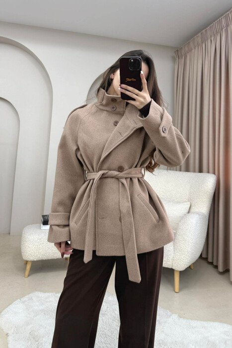 ONE COLOR BUTTONED WOMAN COAT WITH BELT BEIGE/BEZHE - KLAUDIO FASHION