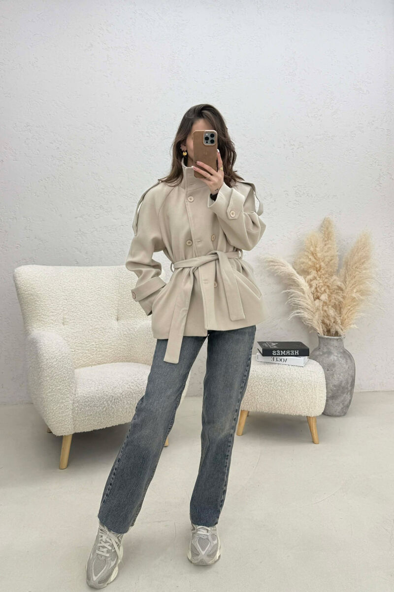 ONE COLOR BUTTONED WOMAN COAT WITH BELT BEIGE/BEZHE - 2