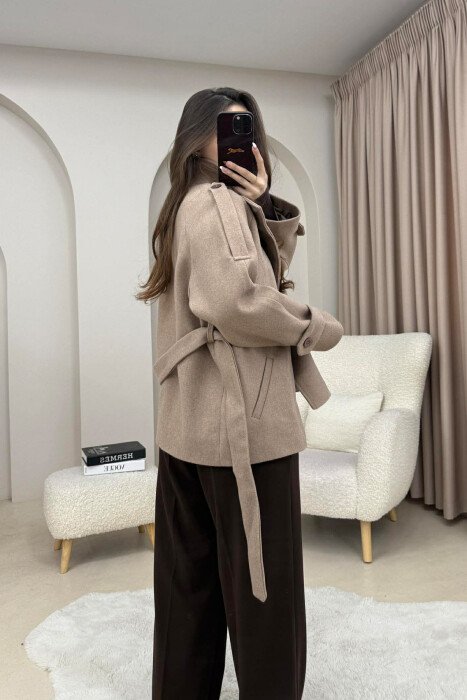 ONE COLOR BUTTONED WOMAN COAT WITH BELT BEIGE/BEZHE - 3