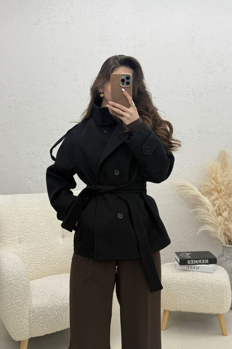 ONE COLOR BUTTONED WOMAN COAT WITH BELT BLACK/ E ZEZE - 1