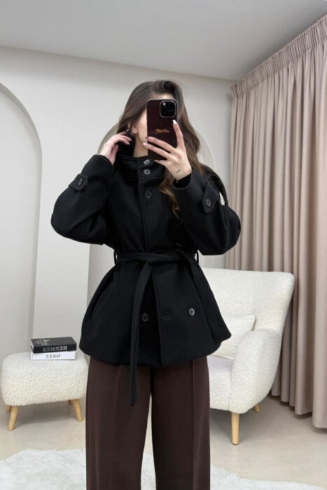ONE COLOR BUTTONED WOMAN COAT WITH BELT BLACK/ E ZEZE - KLAUDIO FASHION