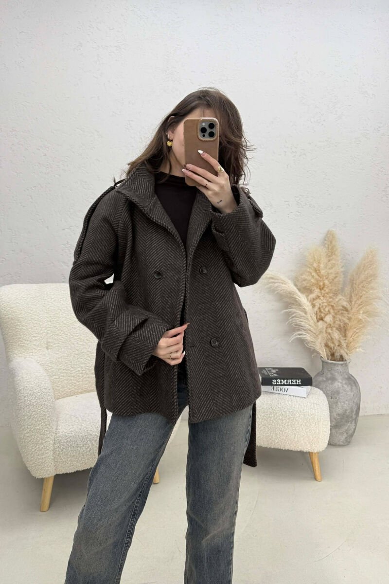 ONE COLOR BUTTONED WOMAN COAT WITH BELT BROWN+GREY/KAFE+GRI - 1