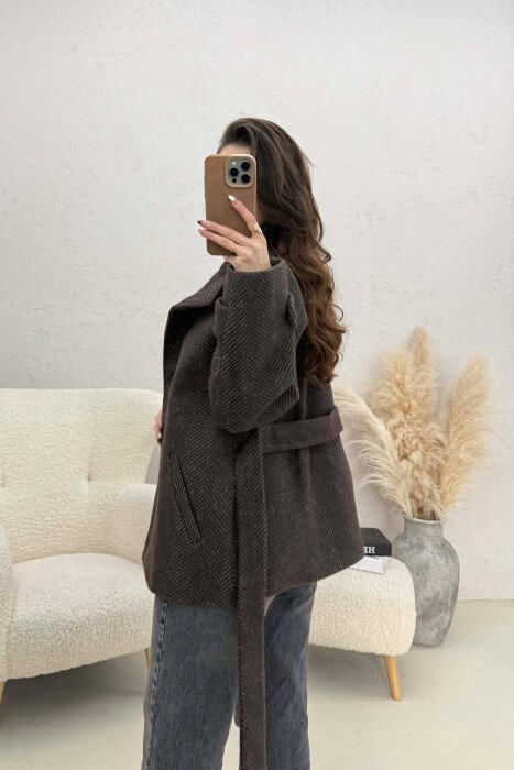 ONE COLOR BUTTONED WOMAN COAT WITH BELT BROWN+GREY/KAFE+GRI - 3