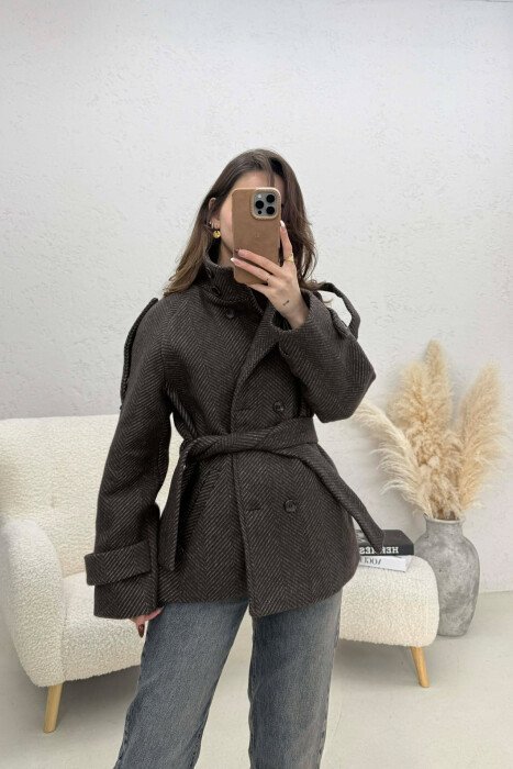 ONE COLOR BUTTONED WOMAN COAT WITH BELT BROWN+GREY/KAFE+GRI - 4