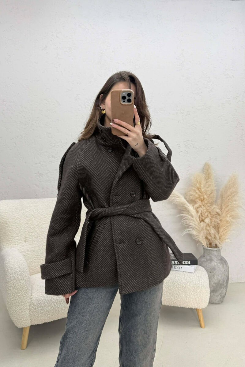 ONE COLOR BUTTONED WOMAN COAT WITH BELT BROWN+GREY/KAFE+GRI - 4