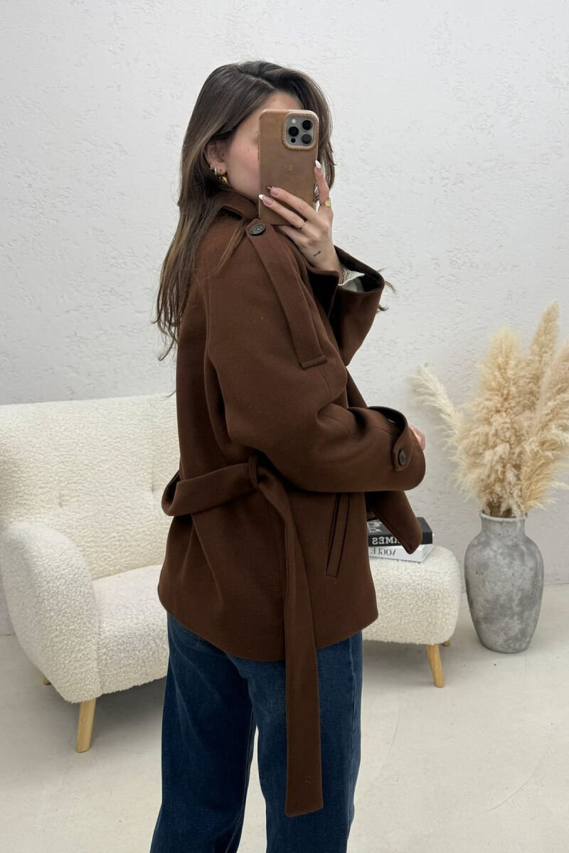ONE COLOR BUTTONED WOMAN COAT WITH BELT BROWN/KAFE - 2