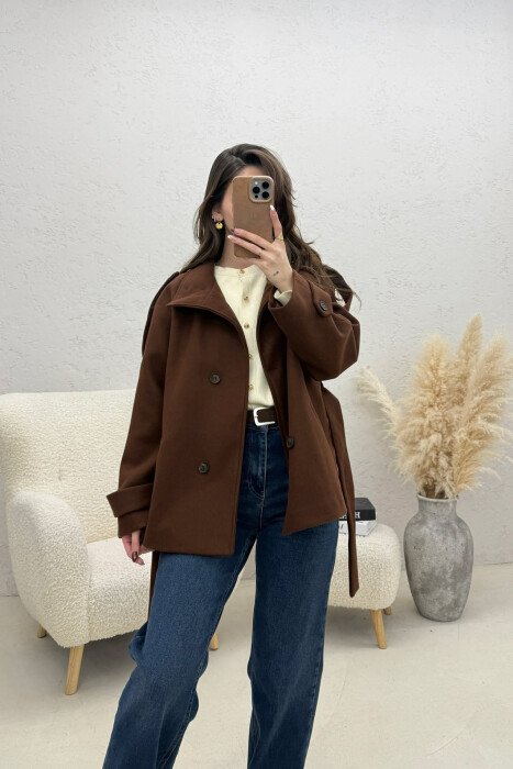 ONE COLOR BUTTONED WOMAN COAT WITH BELT BROWN/KAFE - 3