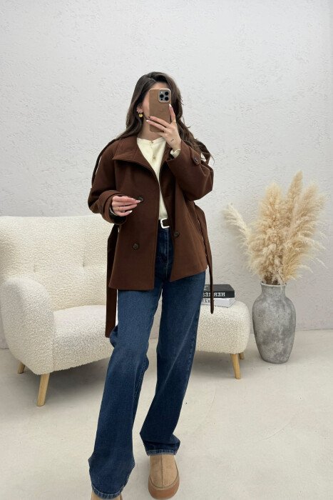 ONE COLOR BUTTONED WOMAN COAT WITH BELT BROWN/KAFE - 4