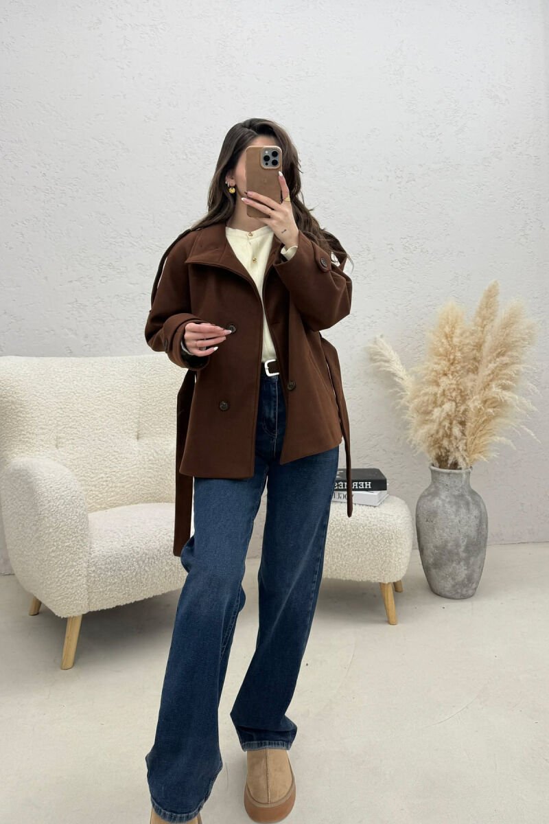 ONE COLOR BUTTONED WOMAN COAT WITH BELT BROWN/KAFE - 4