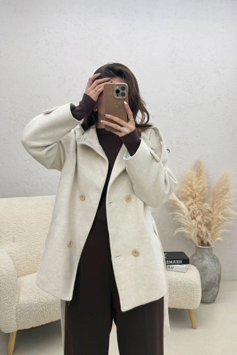 ONE COLOR BUTTONED WOMAN COAT WITH BELT CREAM/KREM - 2