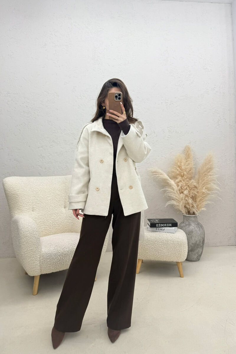 ONE COLOR BUTTONED WOMAN COAT WITH BELT CREAM/KREM - 3
