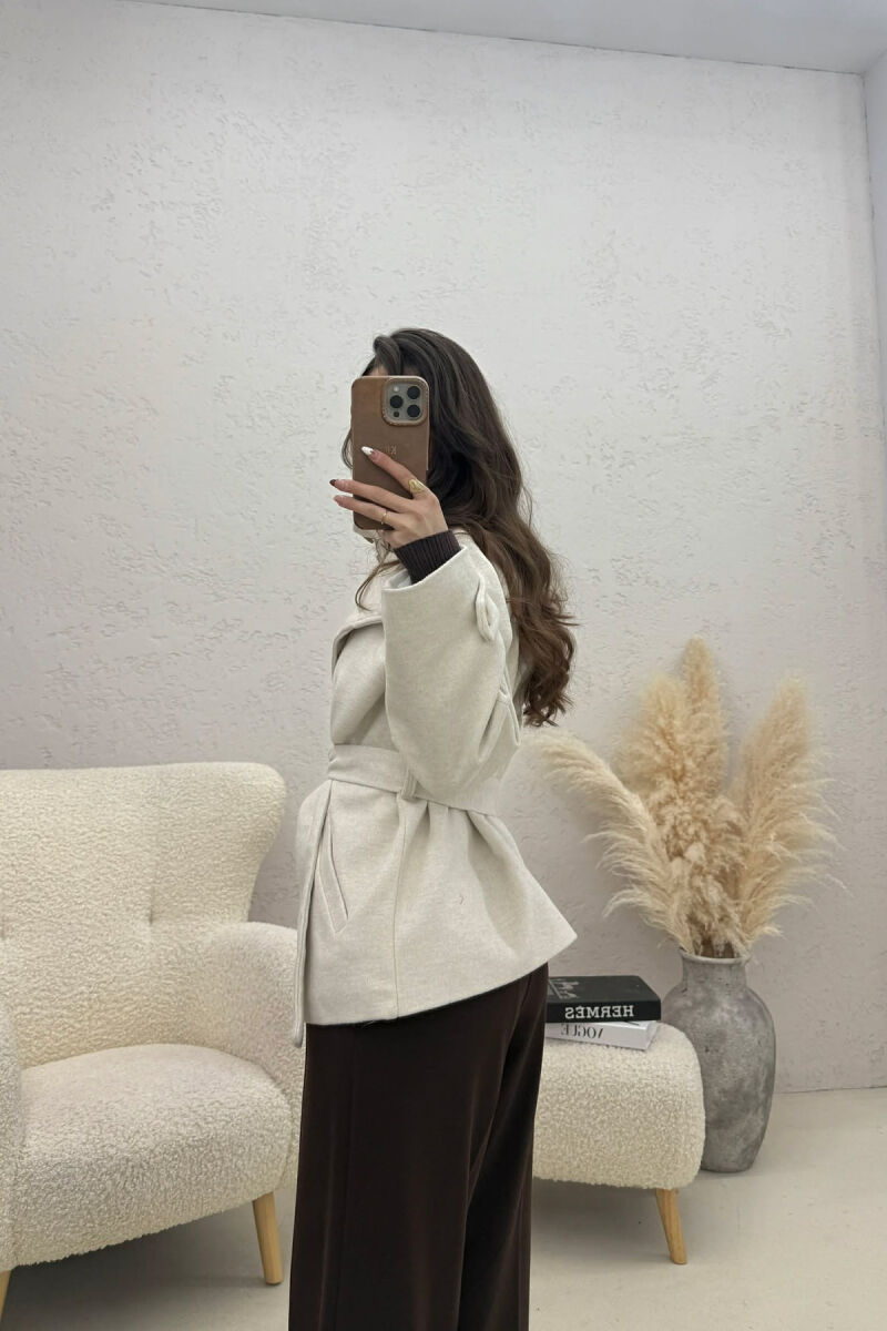 ONE COLOR BUTTONED WOMAN COAT WITH BELT CREAM/KREM - 4