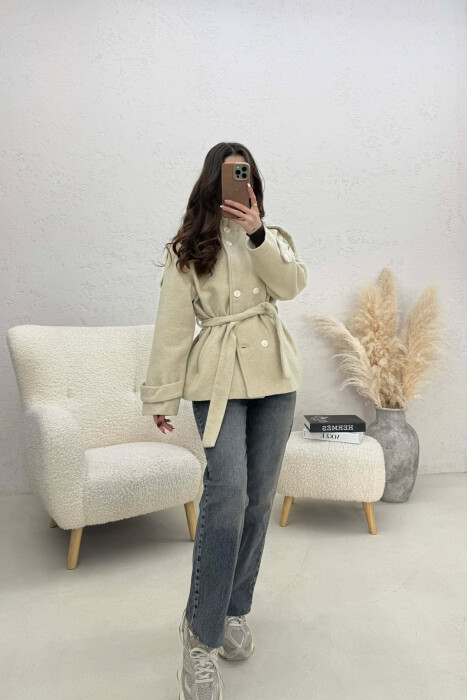 ONE COLOR BUTTONED WOMAN COAT WITH BELT DARK BEIGE/BEZHE ERRET - 2