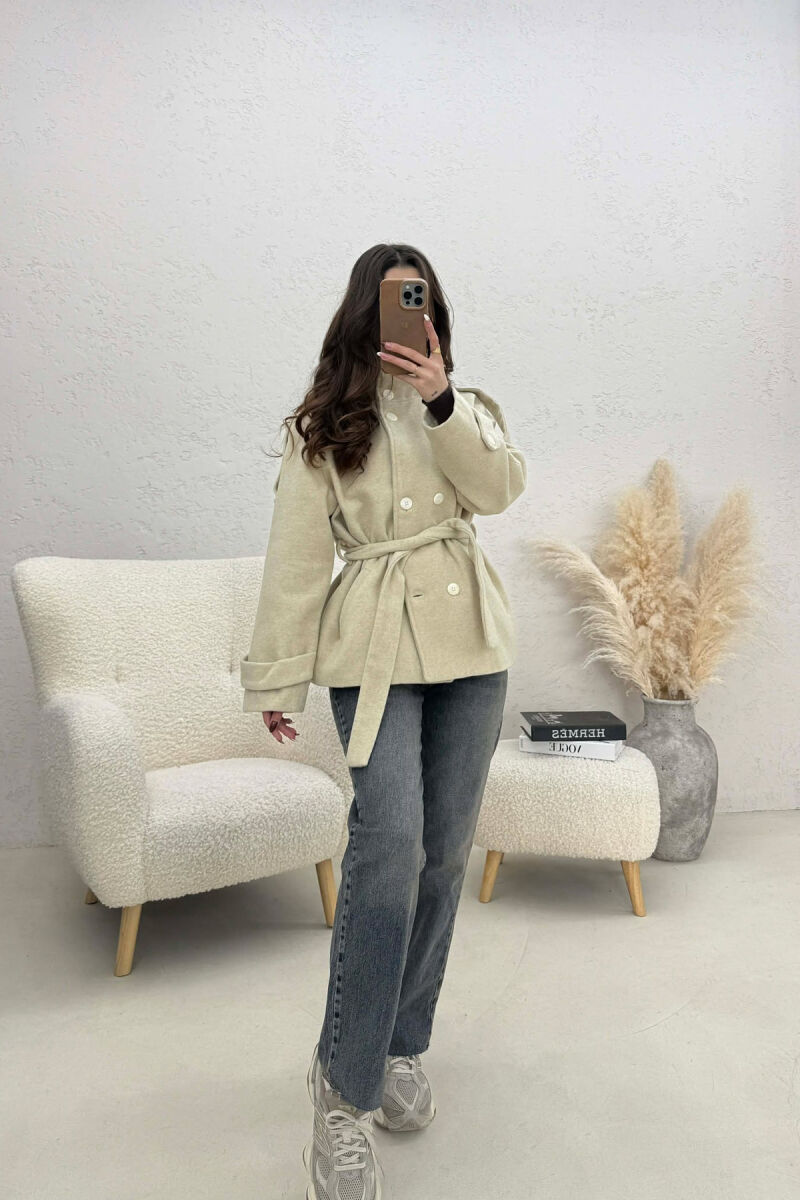 ONE COLOR BUTTONED WOMAN COAT WITH BELT DARK BEIGE/BEZHE ERRET - 2
