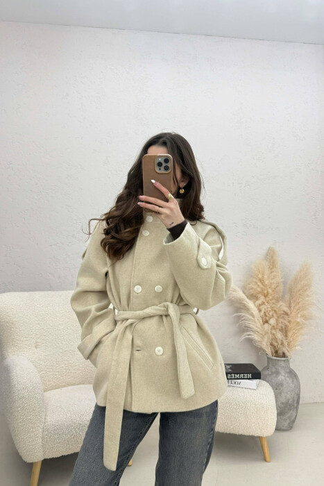 ONE COLOR BUTTONED WOMAN COAT WITH BELT DARK BEIGE/BEZHE ERRET - 4